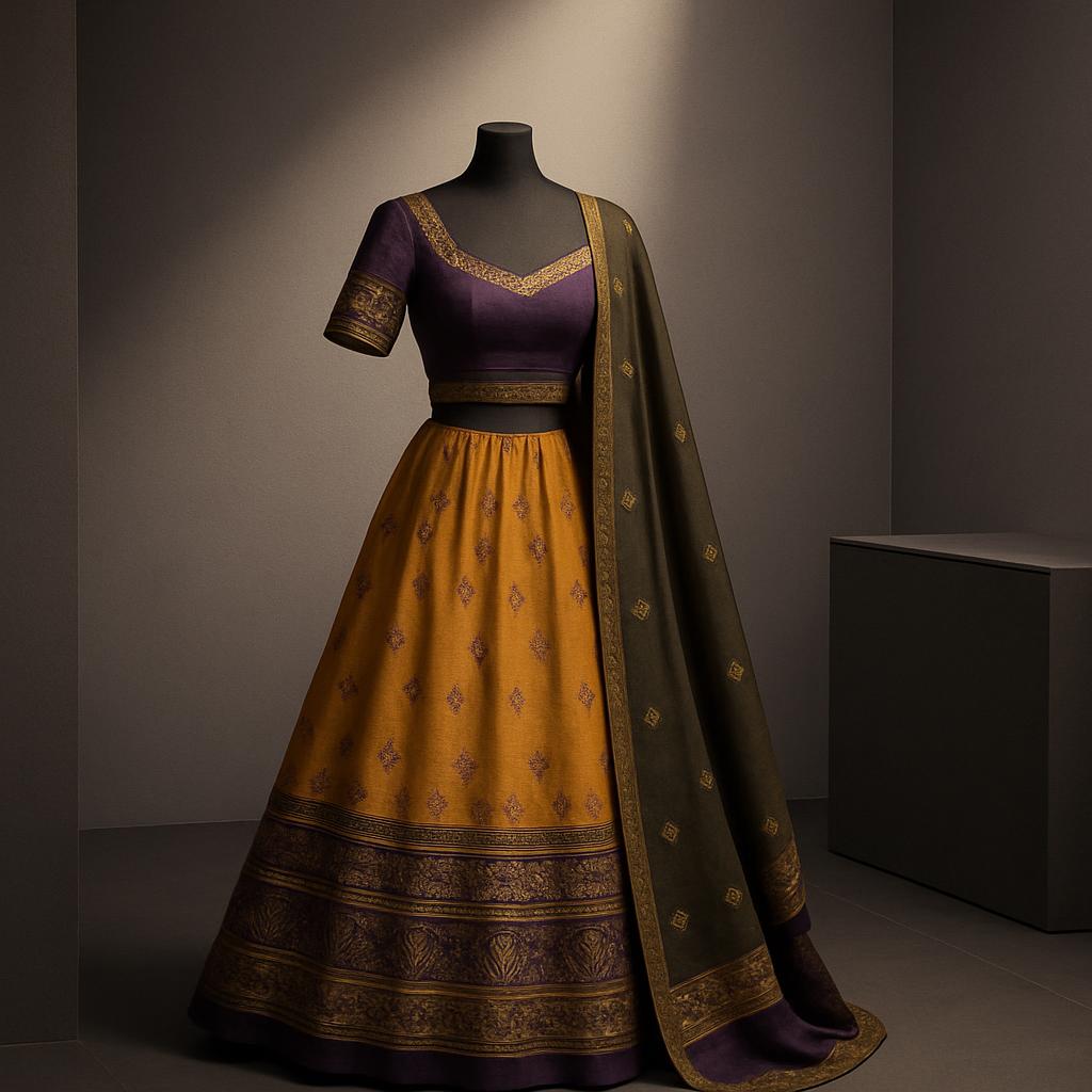 The image is of a stunning Indian dress - a yellow and purple lehenga with a thick purple border and a dark green dupatta ...